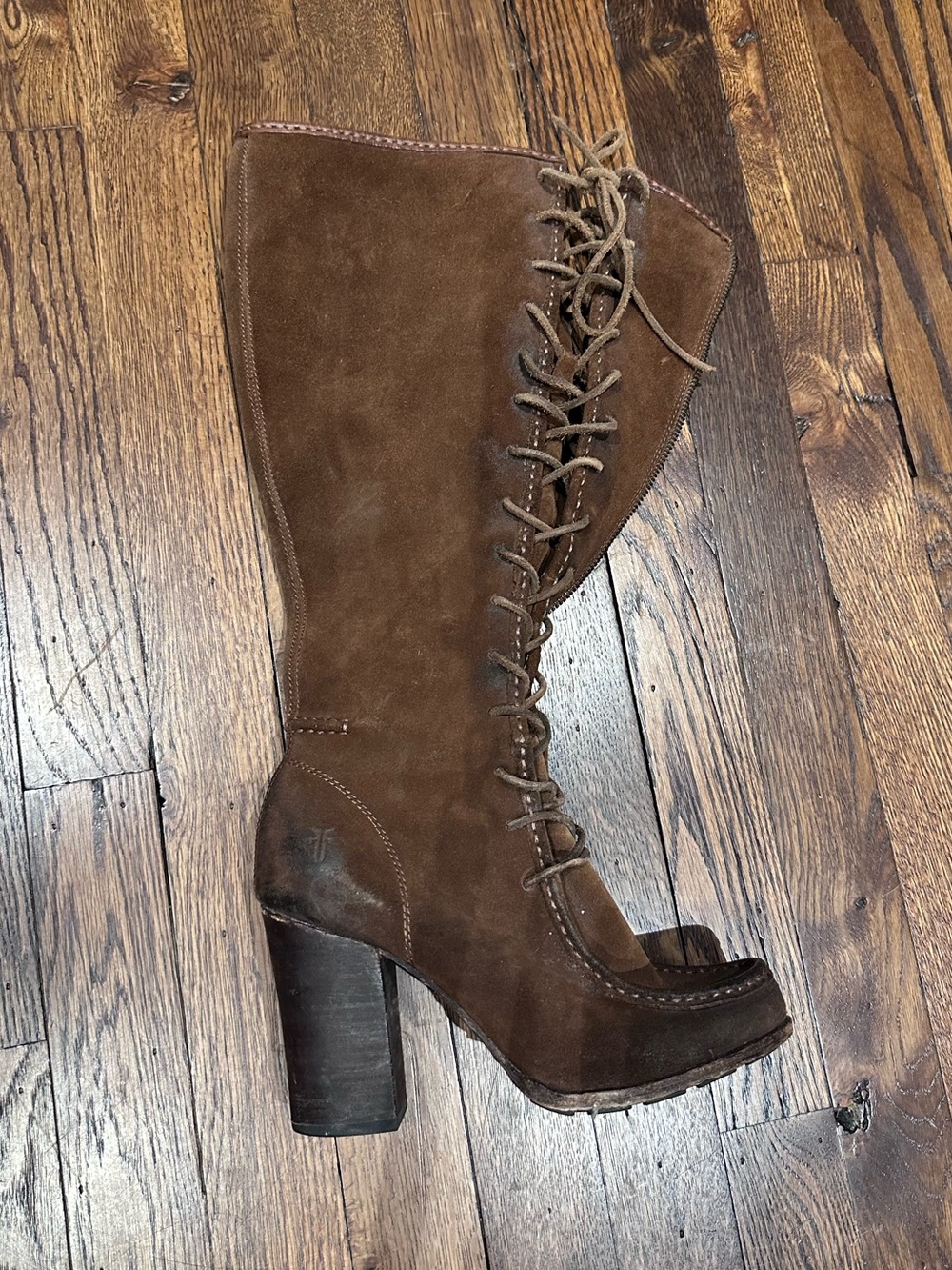Frye Brown Suede Knee-High Lace-Up Block Heel Boots - Picture 6 of 9
